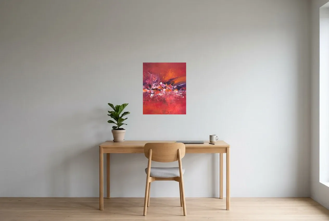 Red Abstract Painting 219 “Intensité”, original oil painting by Régine Gardan, 46 × 55 cm, hung in a home office