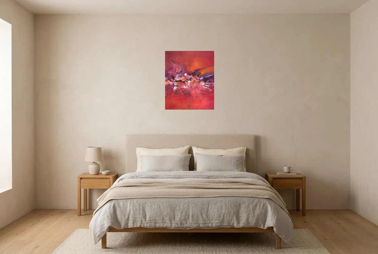 Red Abstract Painting 219 “Intensité”, original oil painting by Régine Gardan, 46 × 55 cm, hung in a bedroom