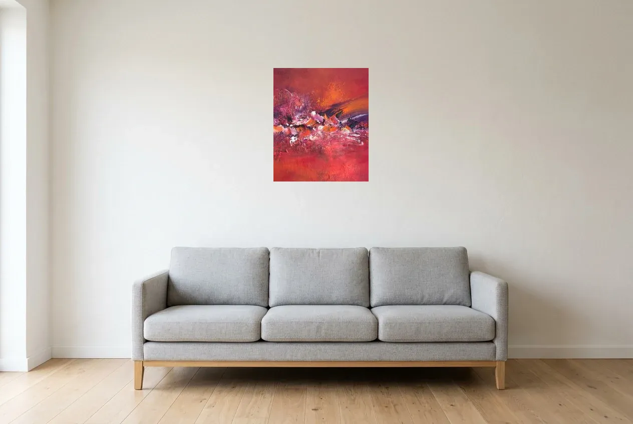 Red Abstract Painting 219 “Intensité”, original oil painting by Régine Gardan, 46 × 55 cm, hung in a living room