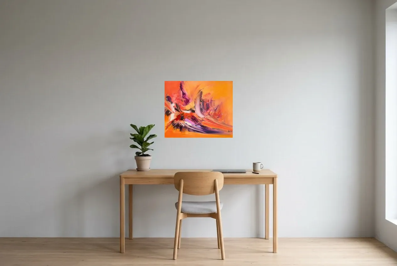 Cuadro Abstracto Rojo 225 “Perroquet”, pintura original al óleo de Régine Gardan, 60 × 50 cm, colgado en un despacho