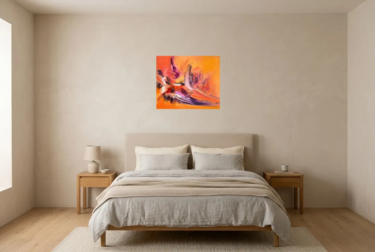 Cuadro Abstracto Rojo 225 “Perroquet”, pintura original al óleo de Régine Gardan, 60 × 50 cm, colgado en un dormitorio