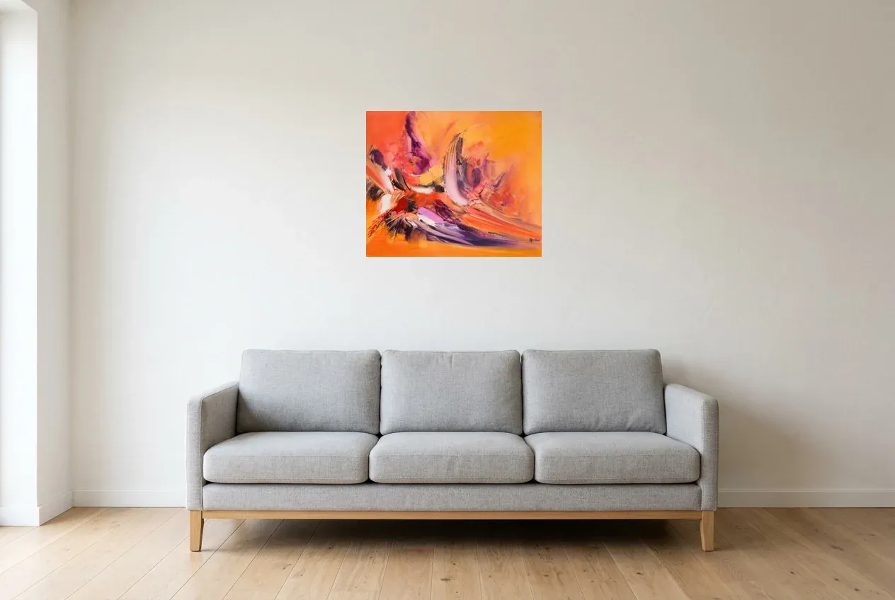Cuadro Abstracto Rojo 225 “Perroquet”, pintura original al óleo de Régine Gardan, 60 × 50 cm, colgado en un salón