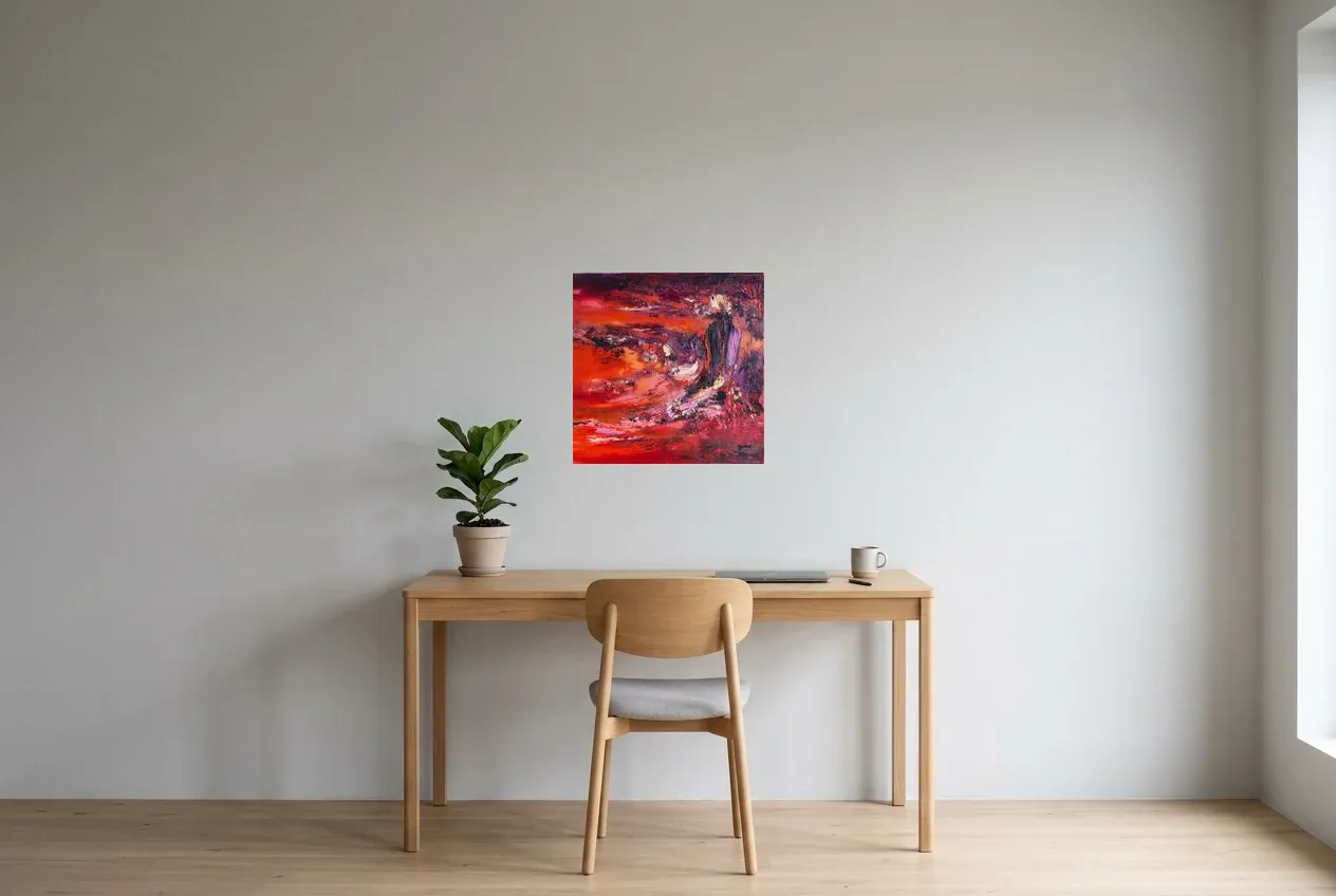 Red Abstract Painting 227 “Lave”, original oil painting by Régine Gardan, 50 × 50 cm, hung in a home office
