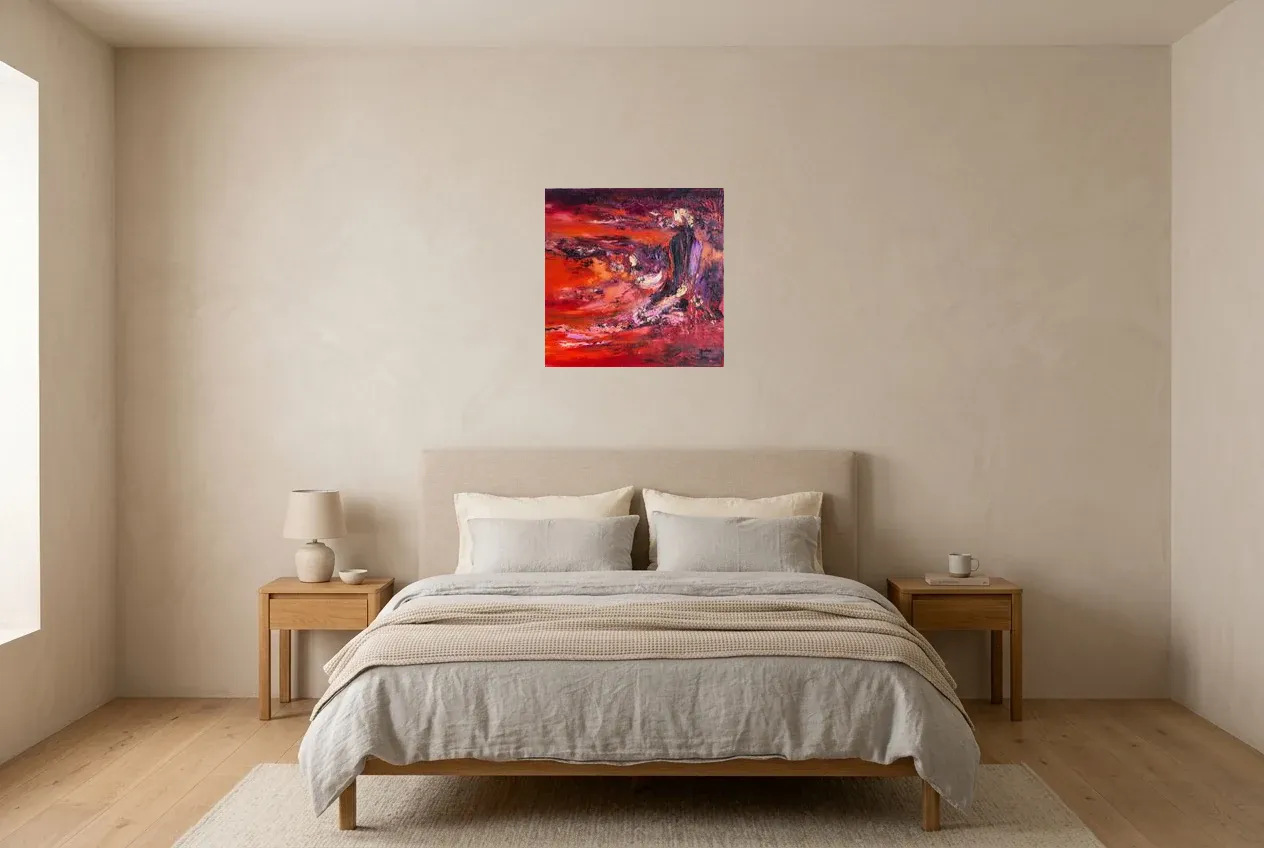 Red Abstract Painting 227 “Lave”, original oil painting by Régine Gardan, 50 × 50 cm, hung in a bedroom