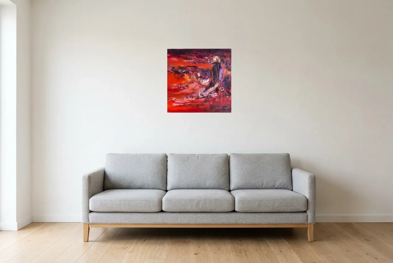 Red Abstract Painting 227 “Lave”, original oil painting by Régine Gardan, 50 × 50 cm, hung in a living room