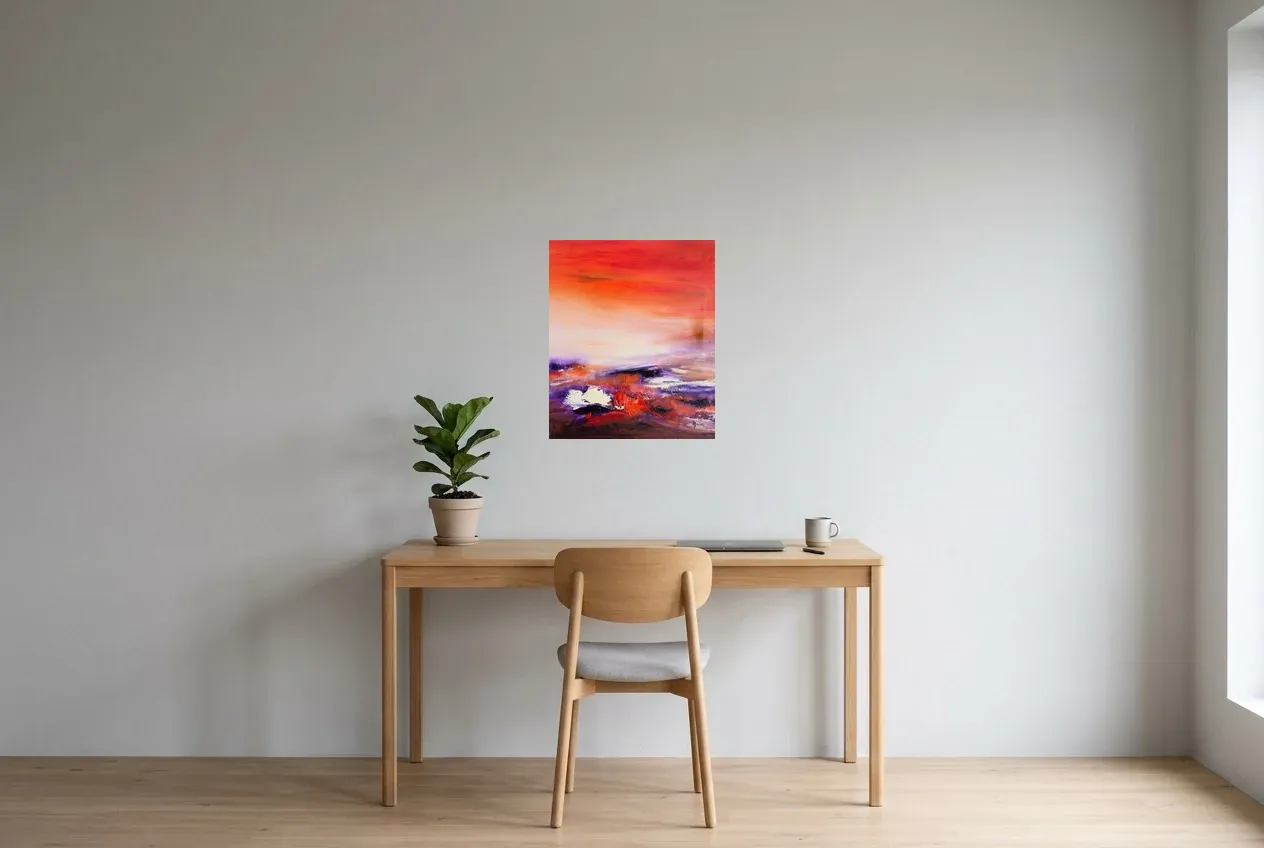 Red Abstract Painting 228 “Passiflore”, original oil painting by Régine Gardan, 46 × 55 cm, hung in a home office
