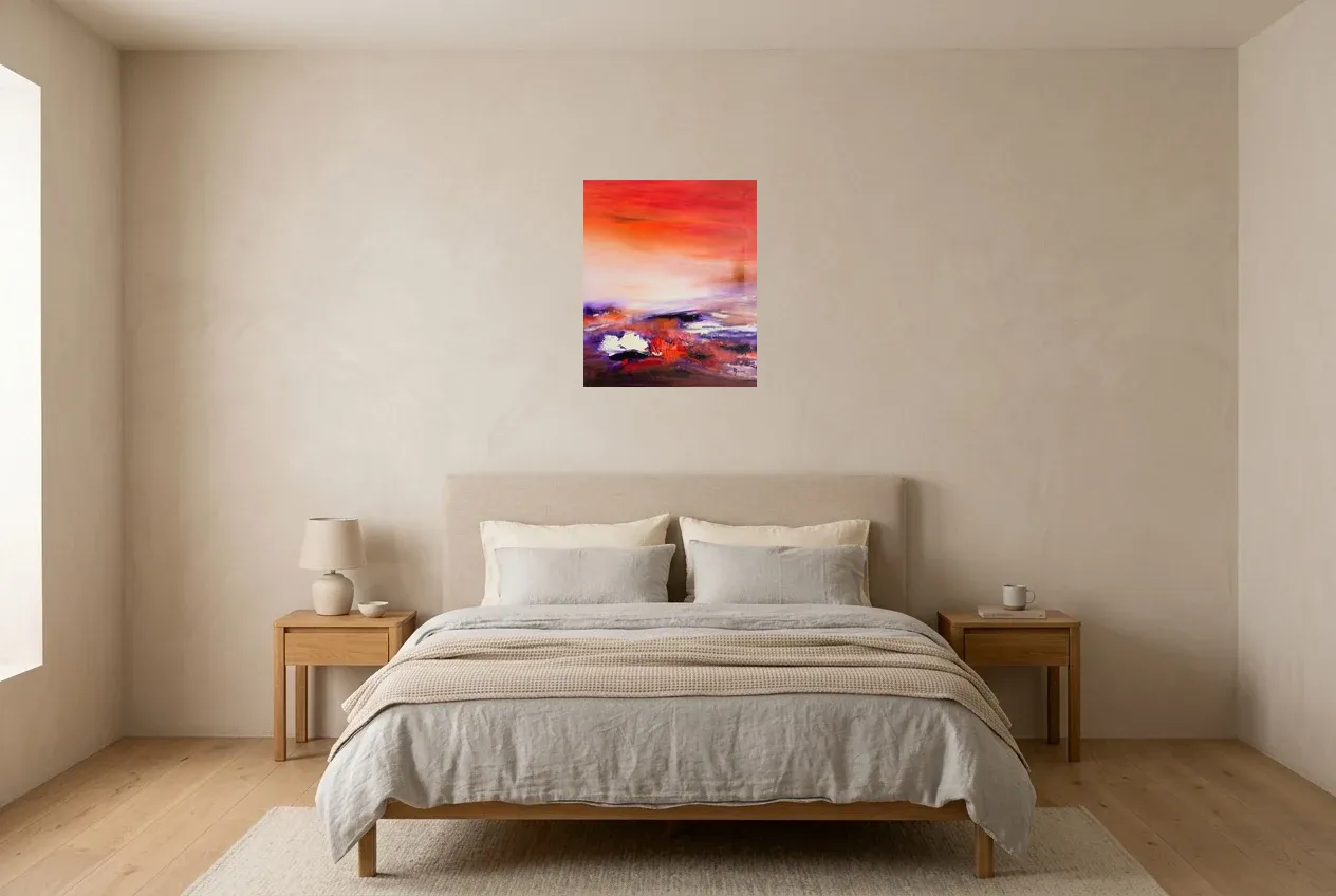 Red Abstract Painting 228 “Passiflore”, original oil painting by Régine Gardan, 46 × 55 cm, hung in a bedroom