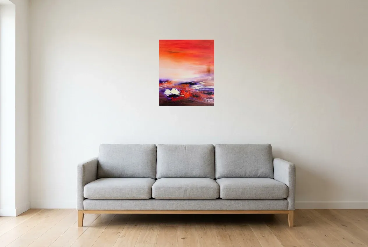 Red Abstract Painting 228 “Passiflore”, original oil painting by Régine Gardan, 46 × 55 cm, hung in a living room