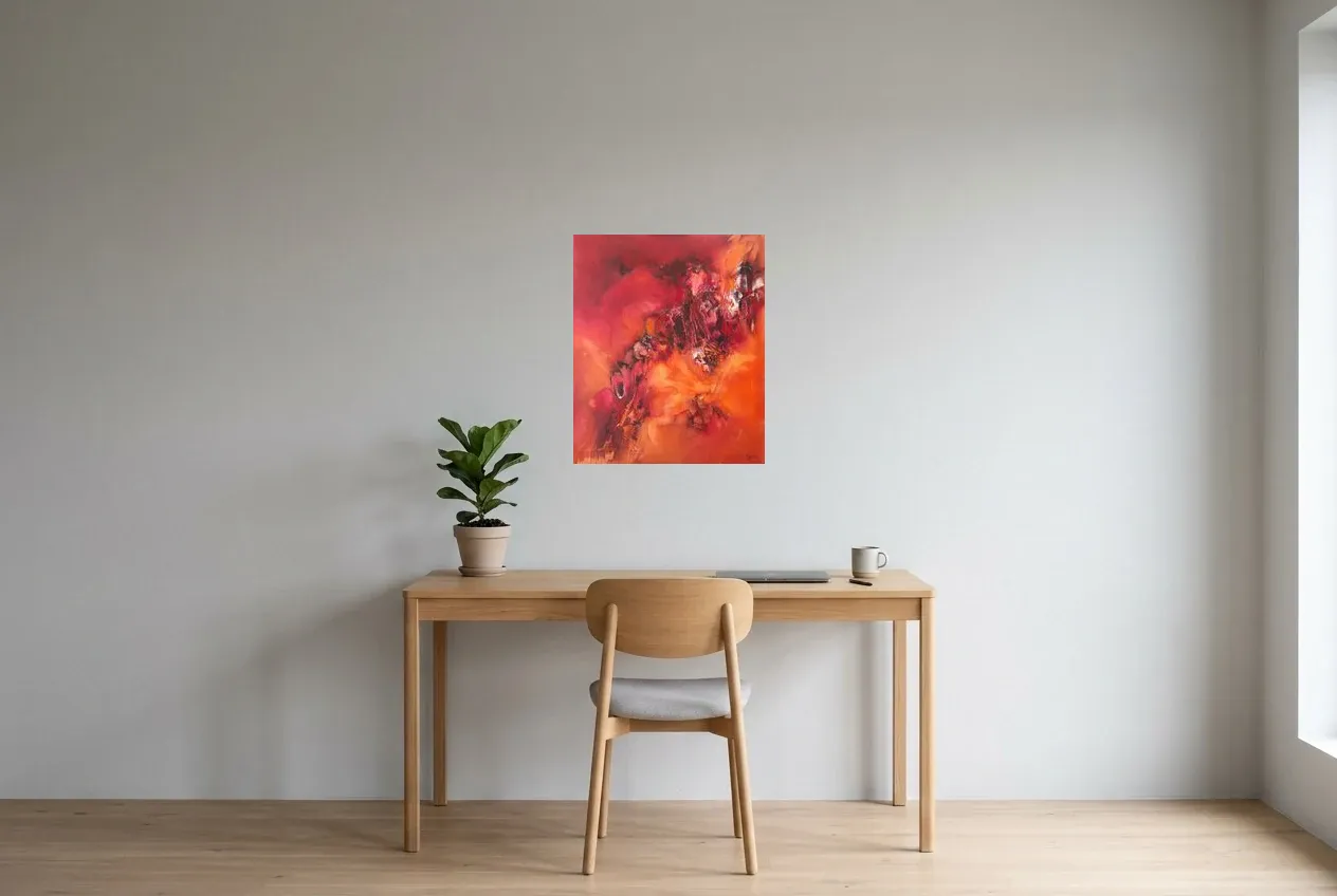 Red Abstract Painting 25 “Energy”, original oil painting by Régine Gardan, 50 × 60 cm, hung in a home office