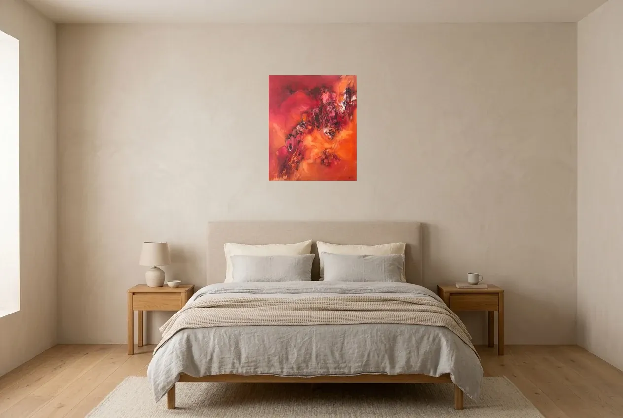 Red Abstract Painting 25 “Energy”, original oil painting by Régine Gardan, 50 × 60 cm, hung in a bedroom