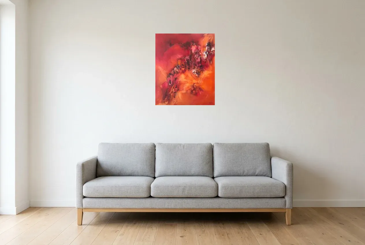 Red Abstract Painting 25 “Energy”, original oil painting by Régine Gardan, 50 × 60 cm, hung in a living room
