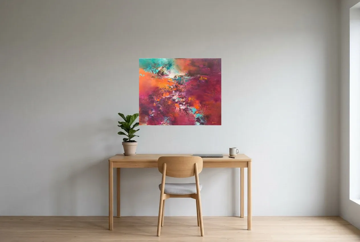 Red Abstract Painting 27 “Fullness”, original oil painting by Régine Gardan, 80 × 65 cm, hung in a home office