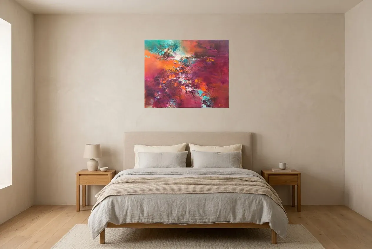 Red Abstract Painting 27 “Fullness”, original oil painting by Régine Gardan, 80 × 65 cm, hung in a bedroom