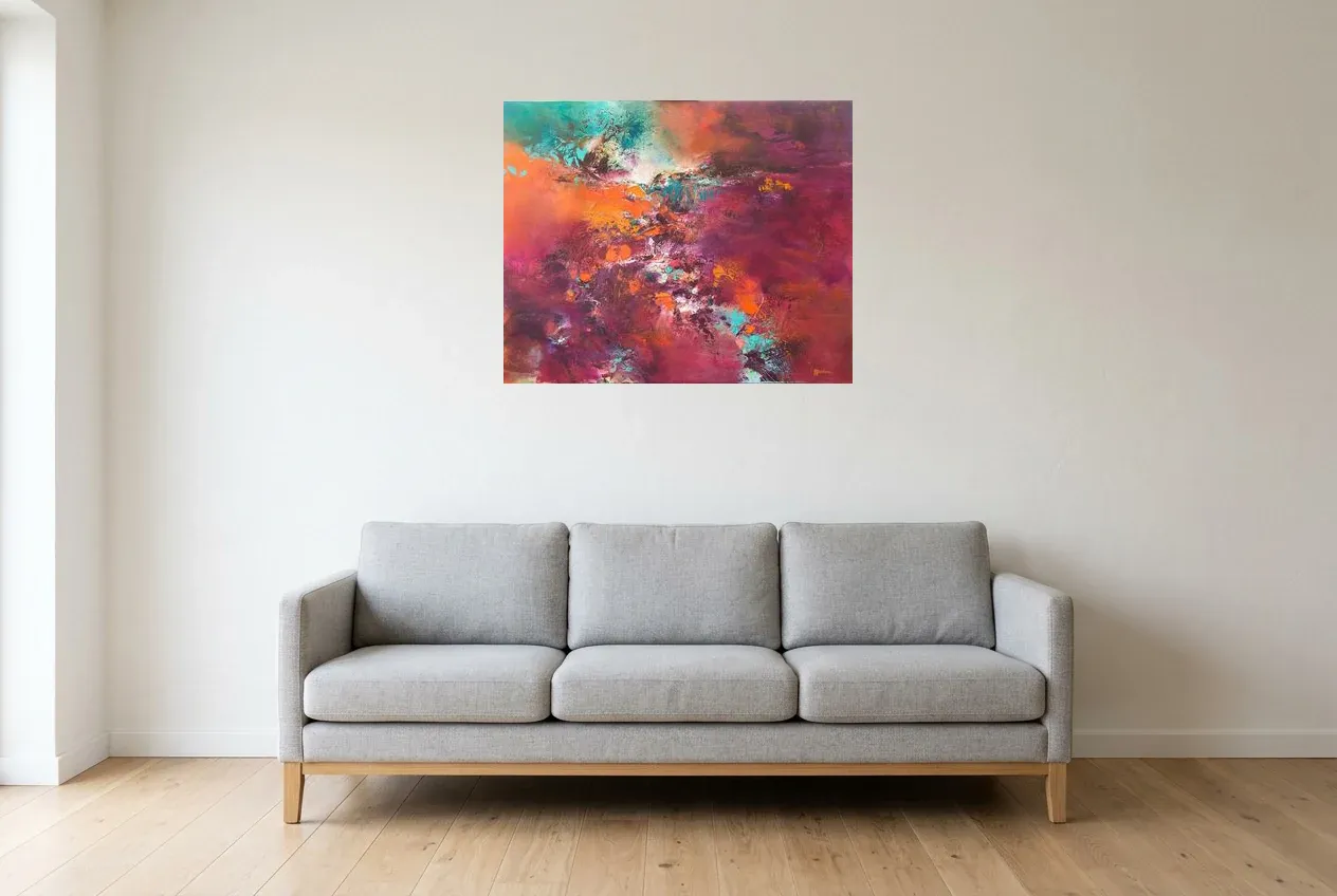 Red Abstract Painting 27 “Fullness”, original oil painting by Régine Gardan, 80 × 65 cm, hung in a living room