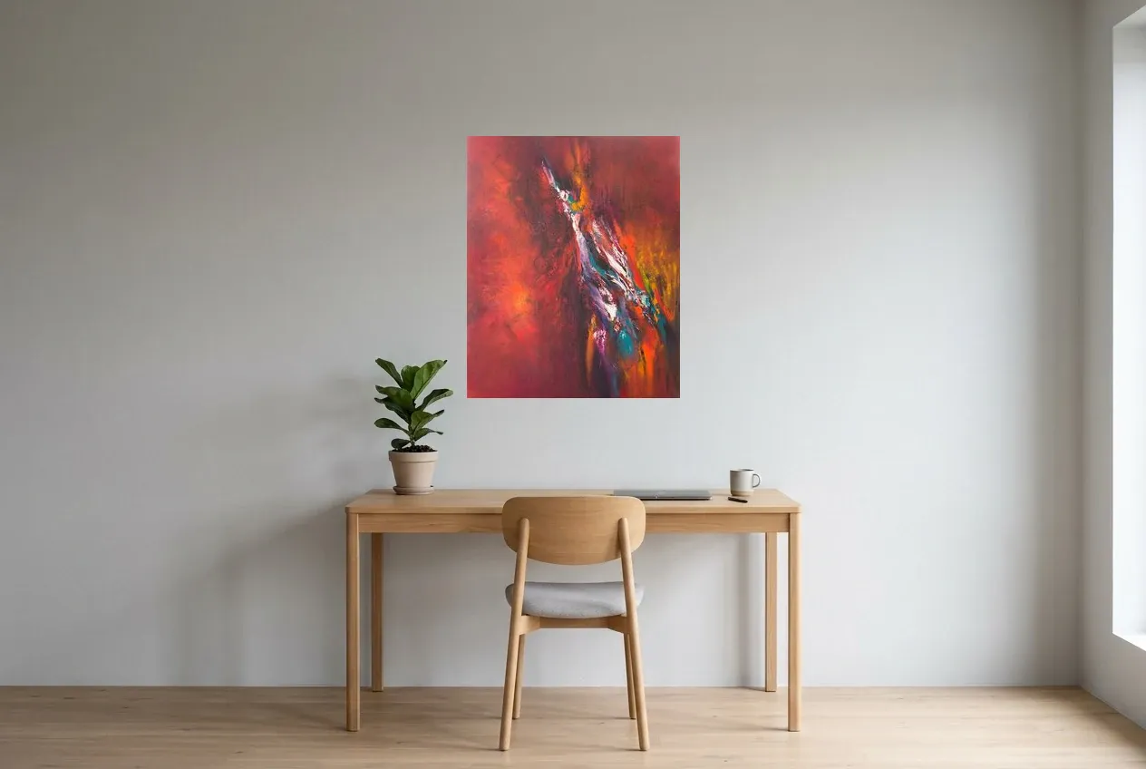 Red Abstract Painting 28 “Rift”, original oil painting by Régine Gardan, 65 × 80 cm, hung in a home office