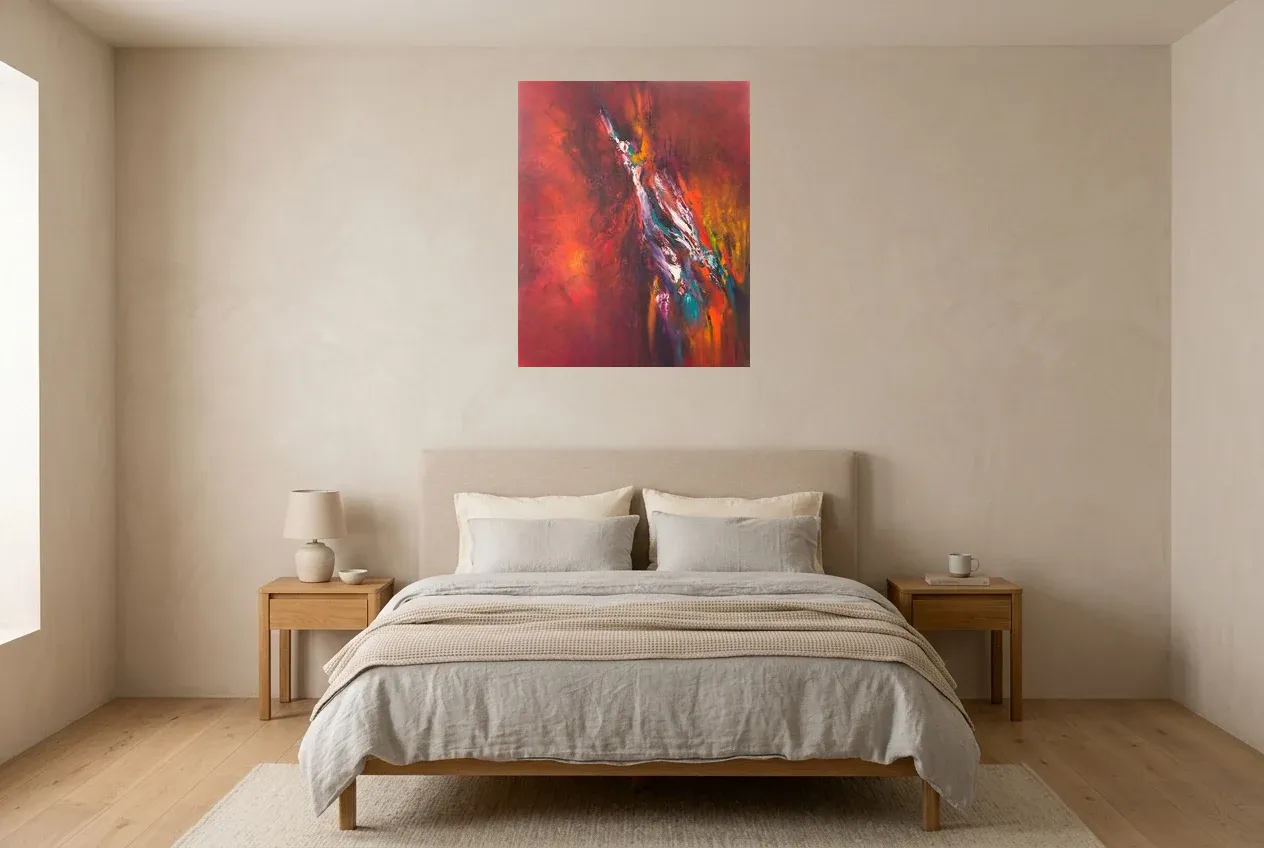 Red Abstract Painting 28 “Rift”, original oil painting by Régine Gardan, 65 × 80 cm, hung in a bedroom