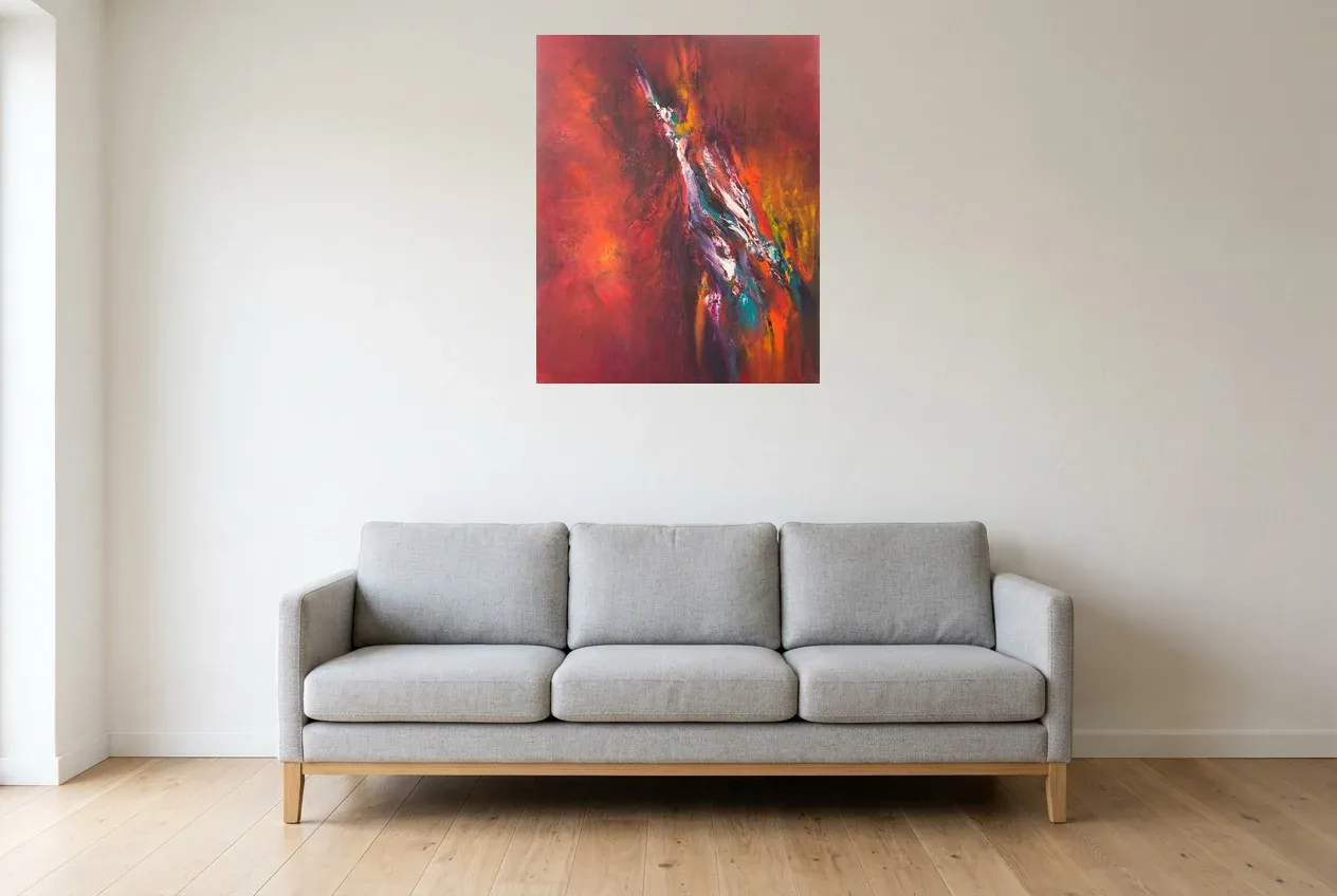 Red Abstract Painting 28 “Rift”, original oil painting by Régine Gardan, 65 × 80 cm, hung in a living room