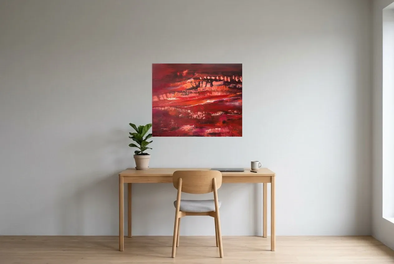 Red Abstract Painting 29 “Cavern”, original oil painting by Régine Gardan, 80 × 65 cm, hung in a home office