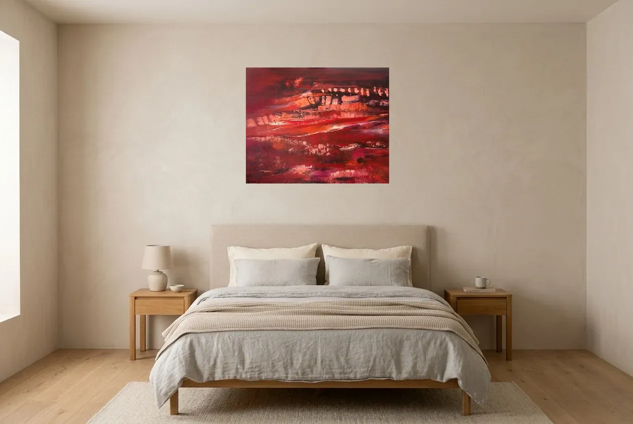 Red Abstract Painting 29 “Cavern”, original oil painting by Régine Gardan, 80 × 65 cm, hung in a bedroom