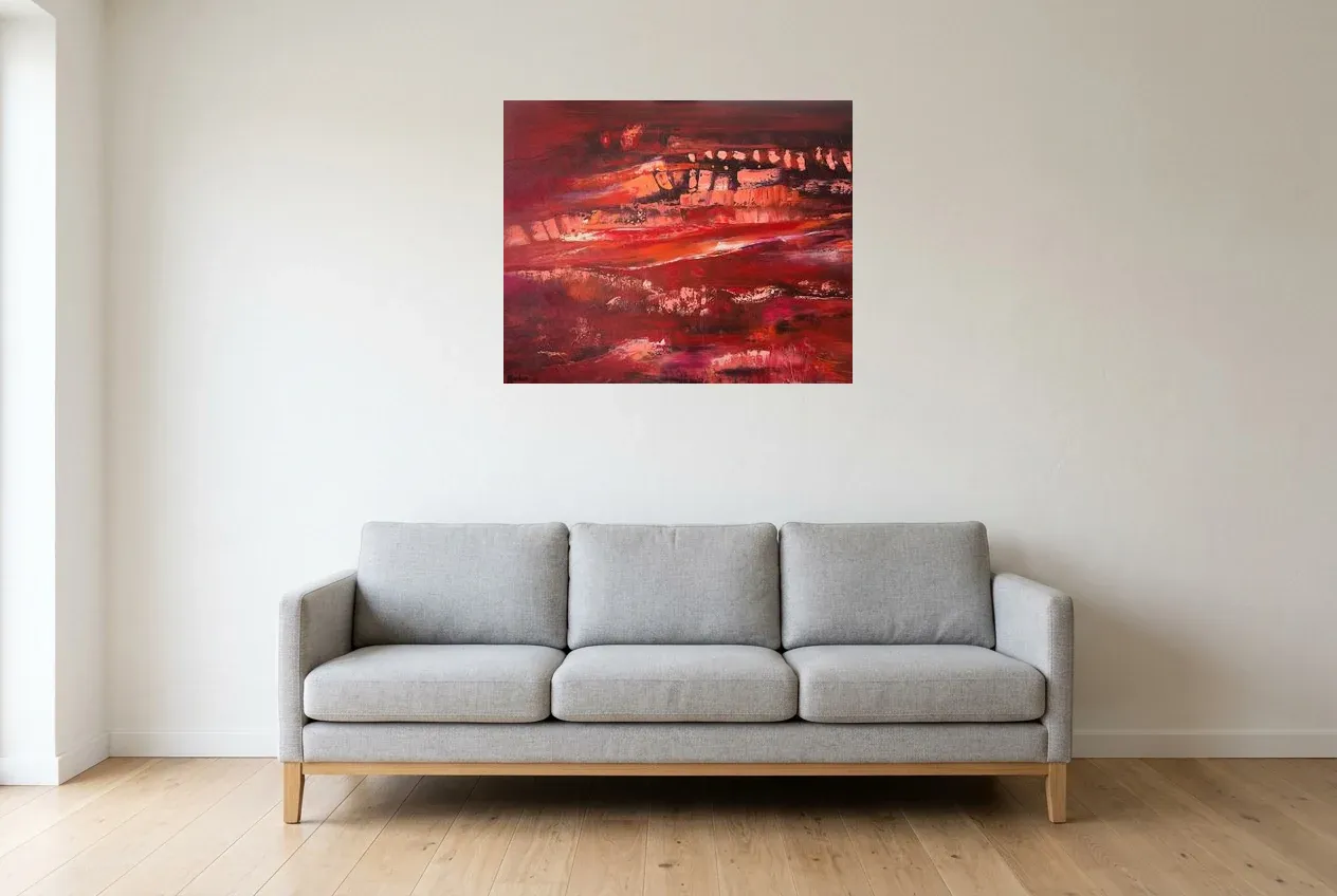 Red Abstract Painting 29 “Cavern”, original oil painting by Régine Gardan, 80 × 65 cm, hung in a living room