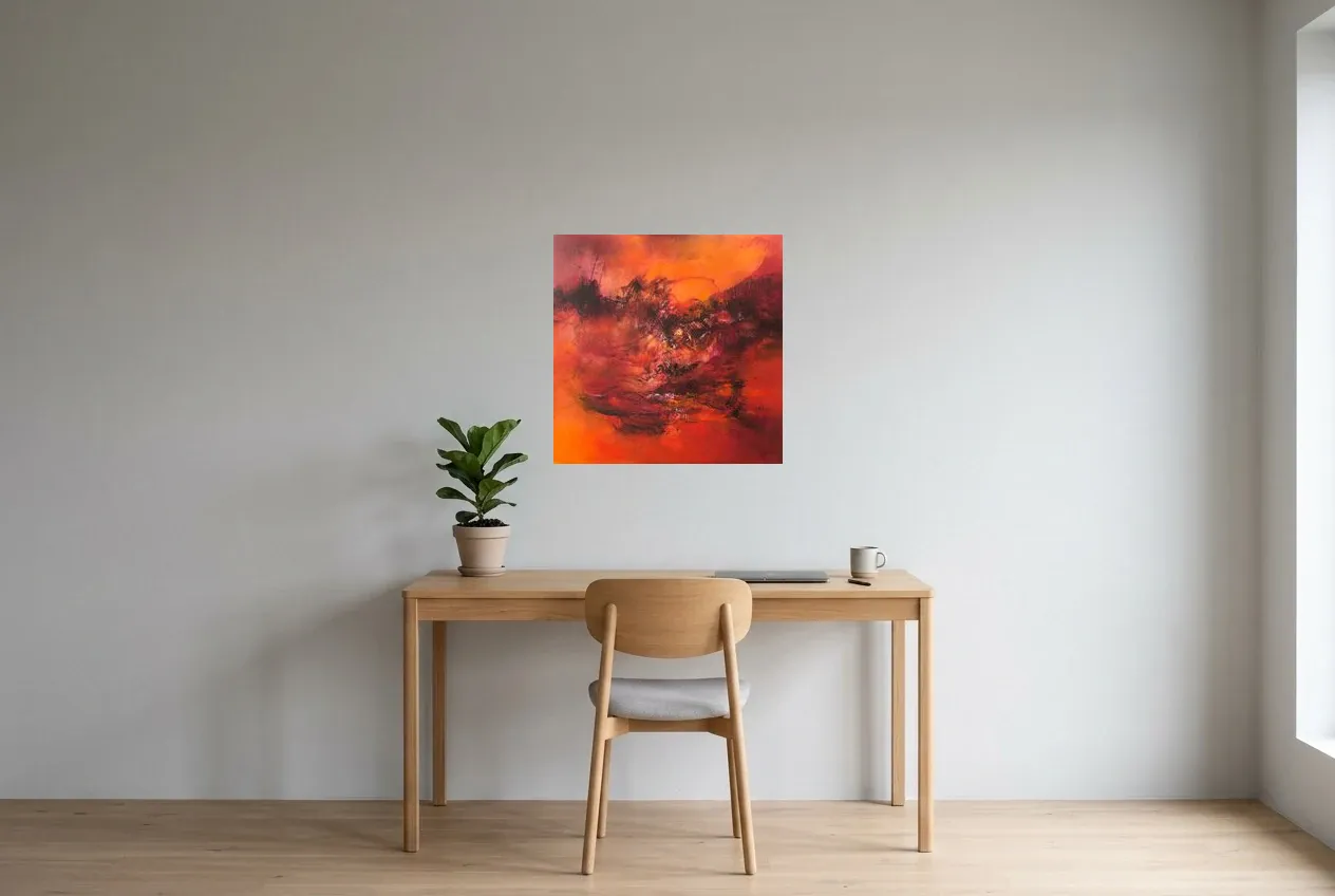 Red Abstract Painting 33 “Shadow”, original oil painting by Régine Gardan, 60 × 60 cm, hung in a home office