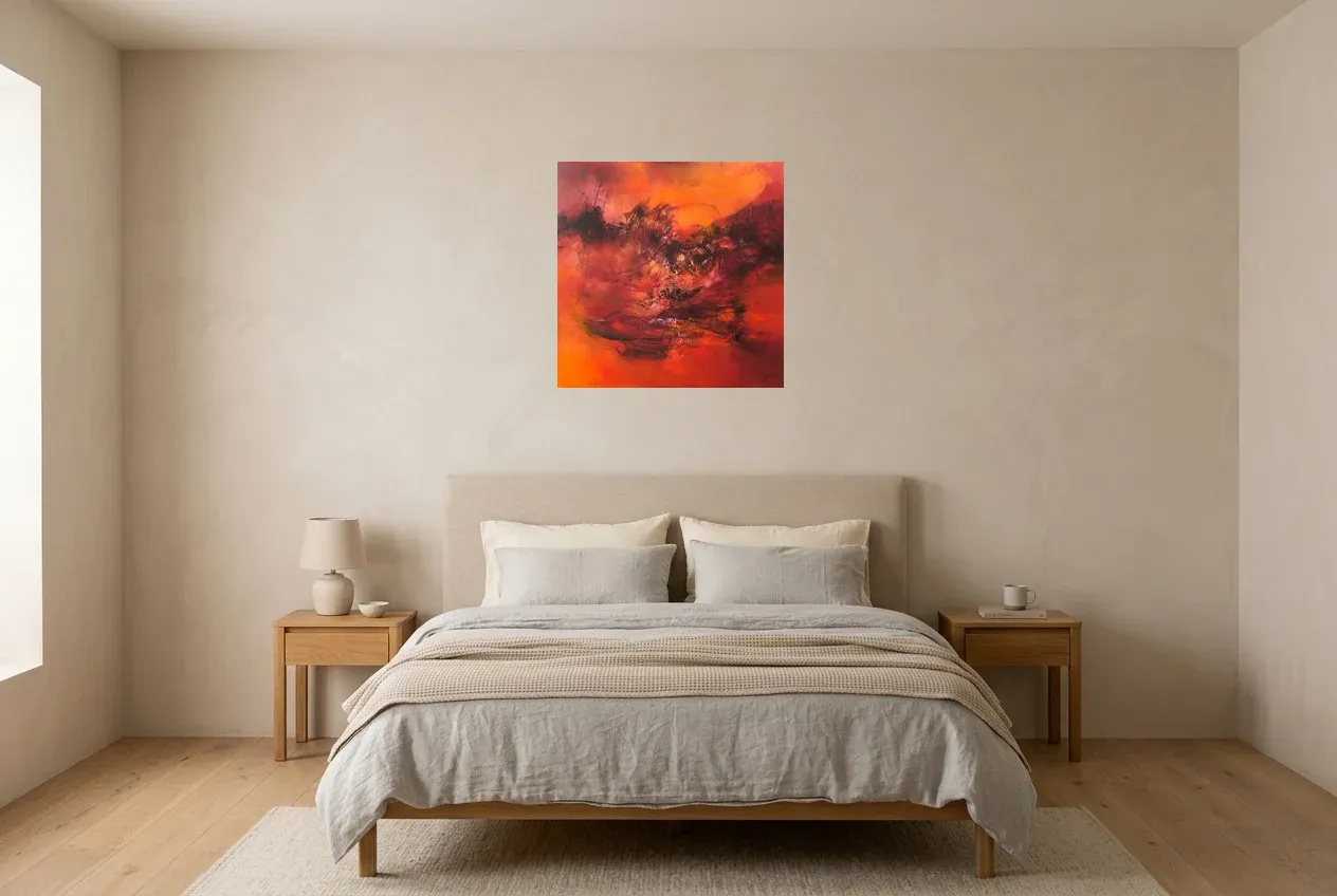 Red Abstract Painting 33 “Shadow”, original oil painting by Régine Gardan, 60 × 60 cm, hung in a bedroom