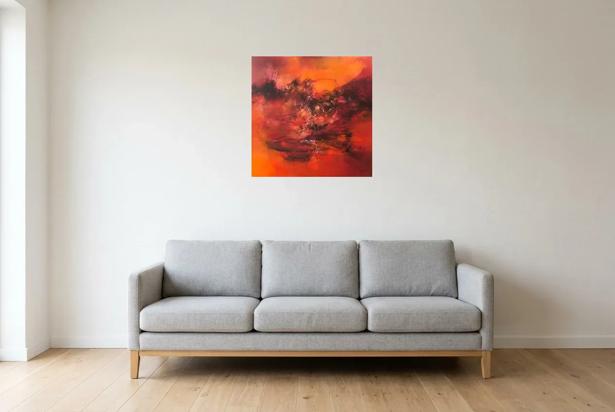 Red Abstract Painting 33 “Shadow”, original oil painting by Régine Gardan, 60 × 60 cm, hung in a living room