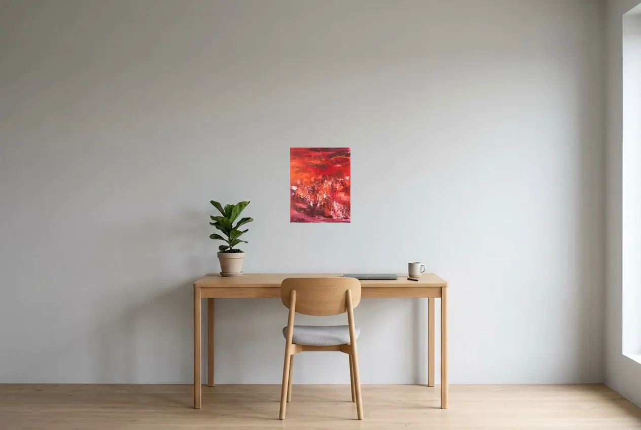 Red Abstract Painting 4 “Mars”, original oil painting by Régine Gardan, 33 × 41 cm, hung in a home office