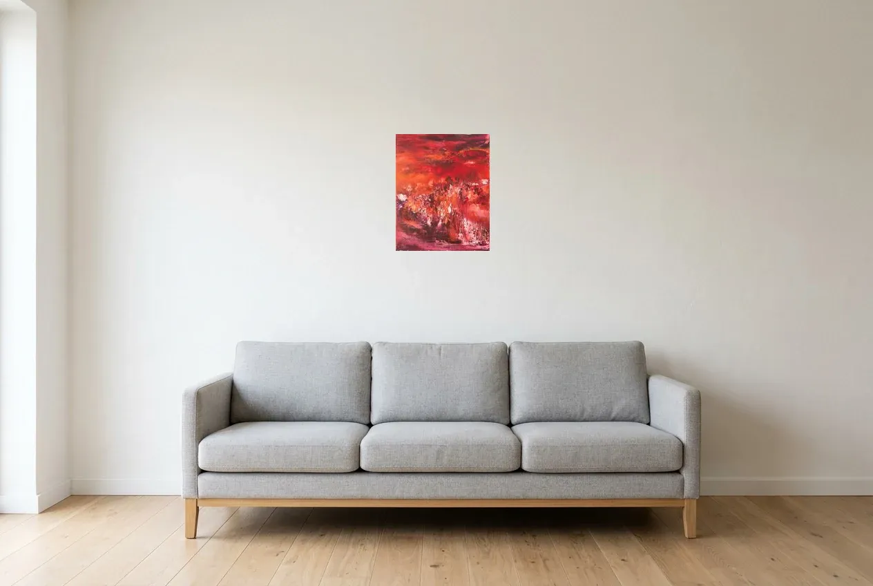 Red Abstract Painting 4 “Mars”, original oil painting by Régine Gardan, 33 × 41 cm, hung in a living room
