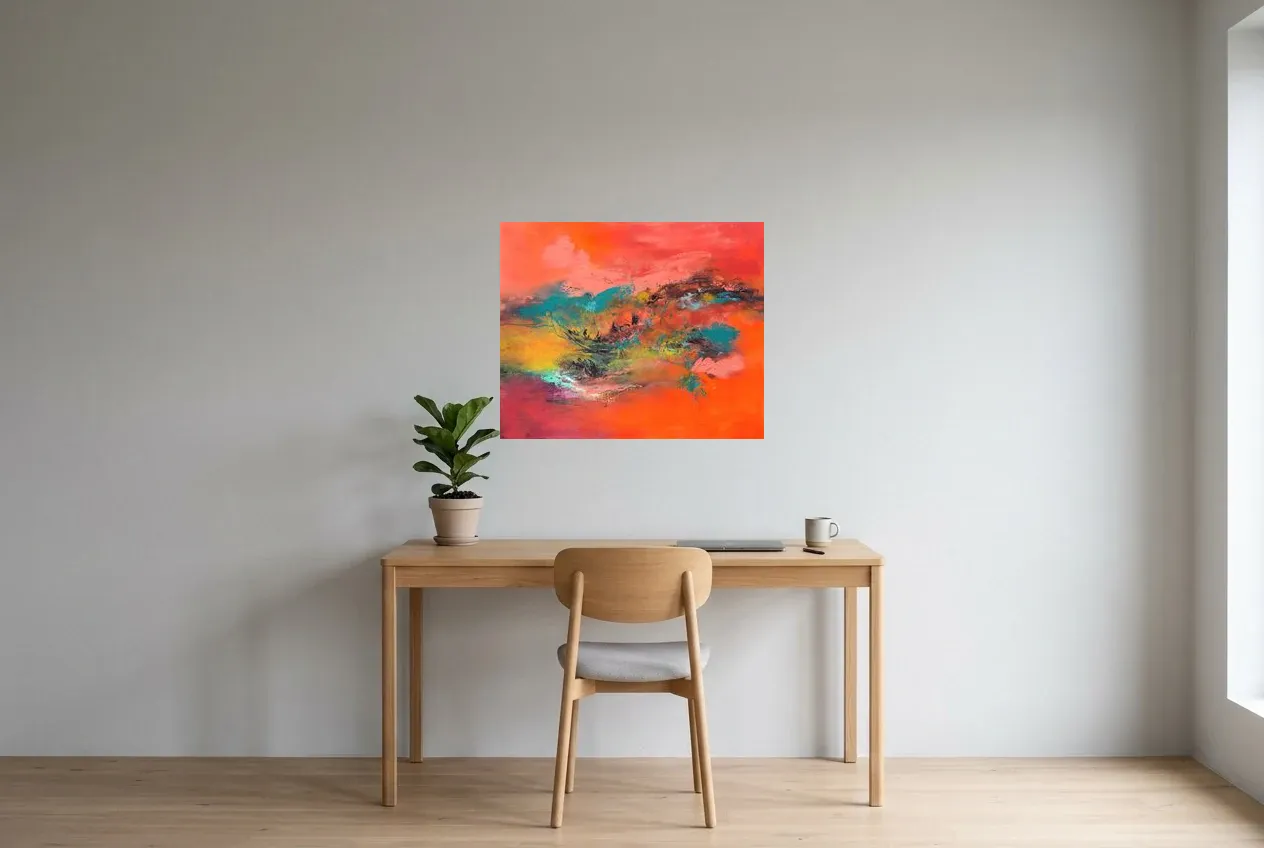 Cuadro Abstracto Rojo 46 “Clairvoyance”, pintura original al óleo de Régine Gardan, 73 × 60 cm, colgado en un despacho