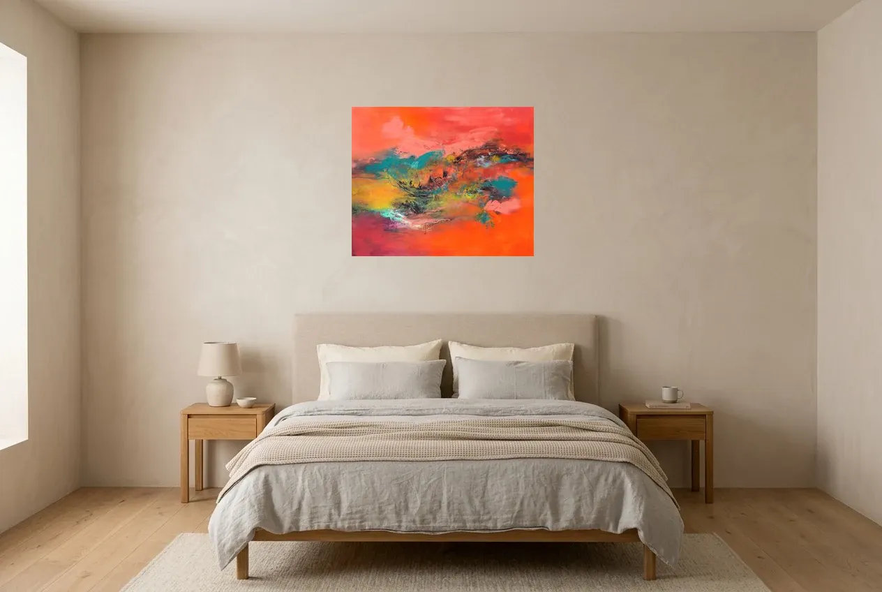 Cuadro Abstracto Rojo 46 “Clairvoyance”, pintura original al óleo de Régine Gardan, 73 × 60 cm, colgado en un dormitorio