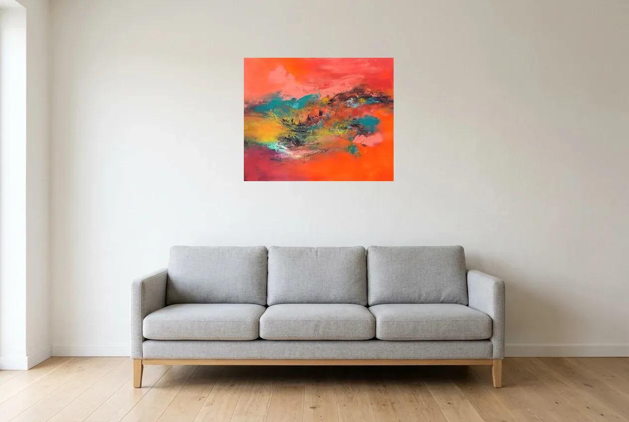 Cuadro Abstracto Rojo 46 “Clairvoyance”, pintura original al óleo de Régine Gardan, 73 × 60 cm, colgado en un salón