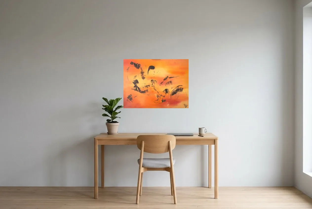 Red Abstract Painting 47 “Flight”, original oil painting by Régine Gardan, 73 × 55 cm, hung in a home office