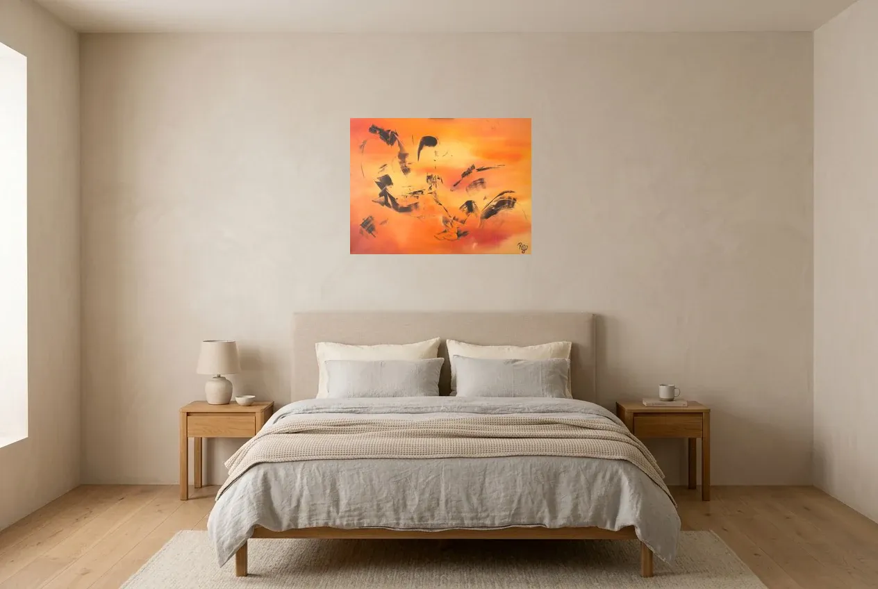 Red Abstract Painting 47 “Flight”, original oil painting by Régine Gardan, 73 × 55 cm, hung in a bedroom