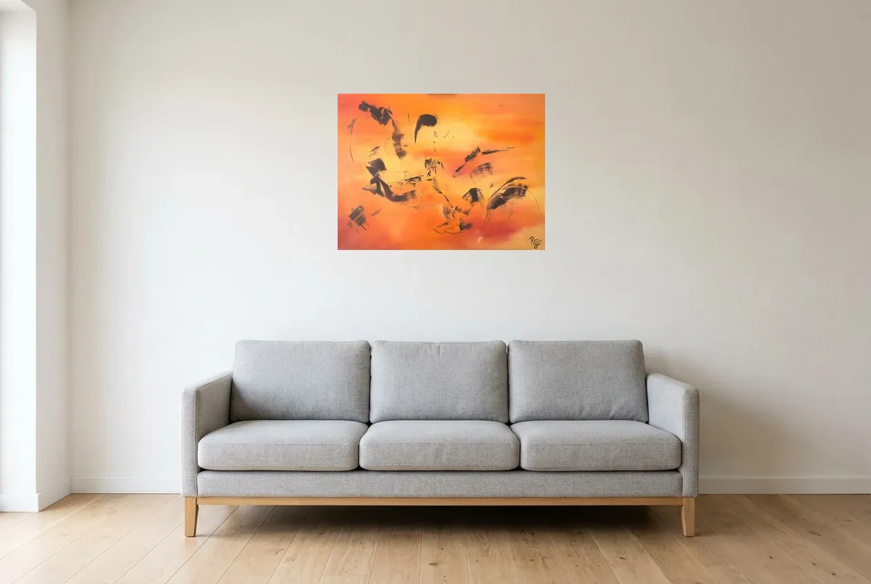 Red Abstract Painting 47 “Flight”, original oil painting by Régine Gardan, 73 × 55 cm, hung in a living room