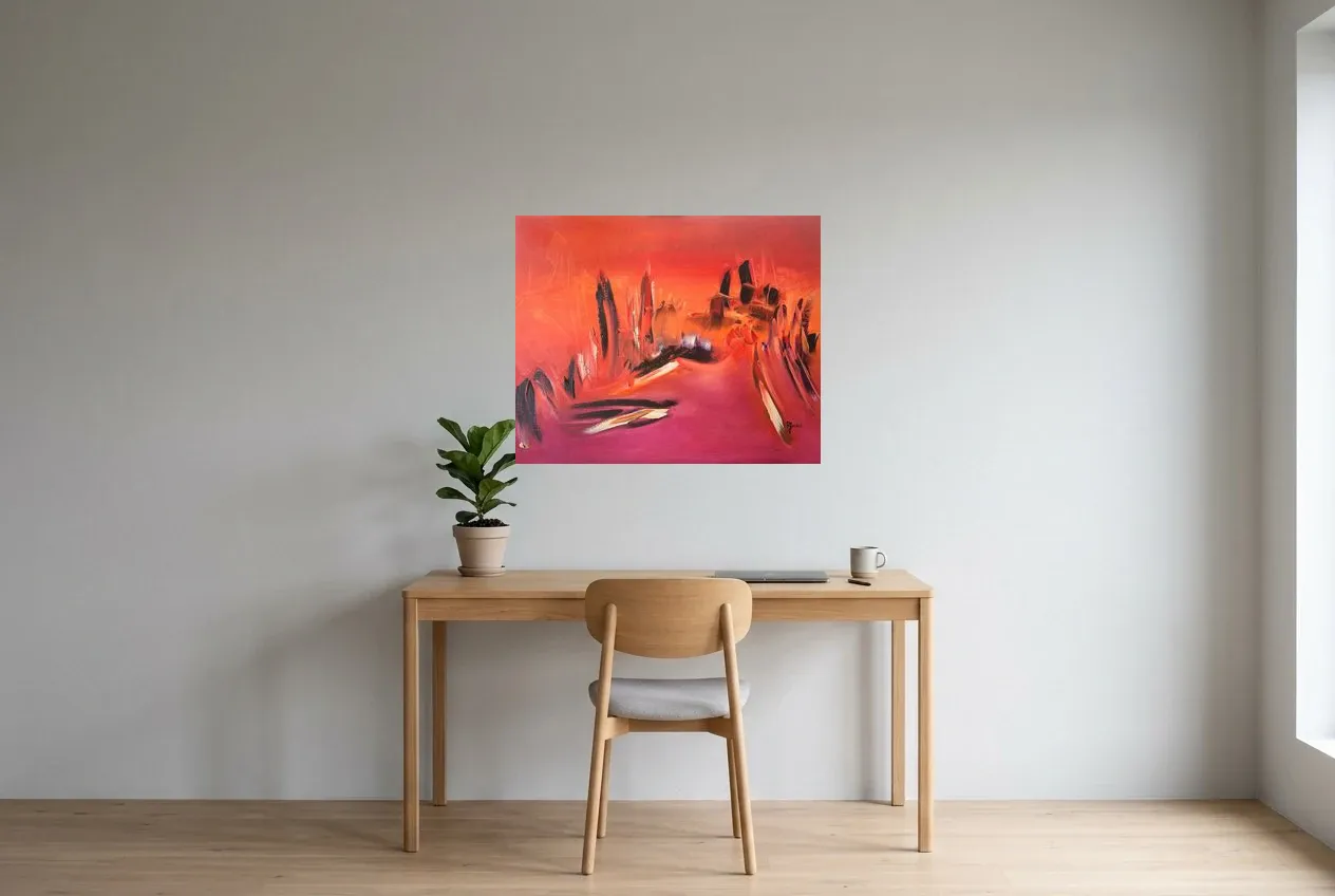Red Abstract Painting 54 “Vision”, original oil painting by Régine Gardan, 80 × 65 cm, hung in a home office