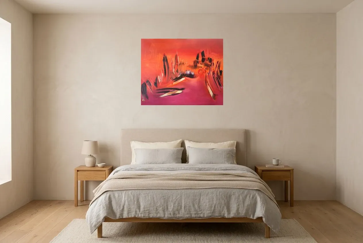 Red Abstract Painting 54 “Vision”, original oil painting by Régine Gardan, 80 × 65 cm, hung in a bedroom