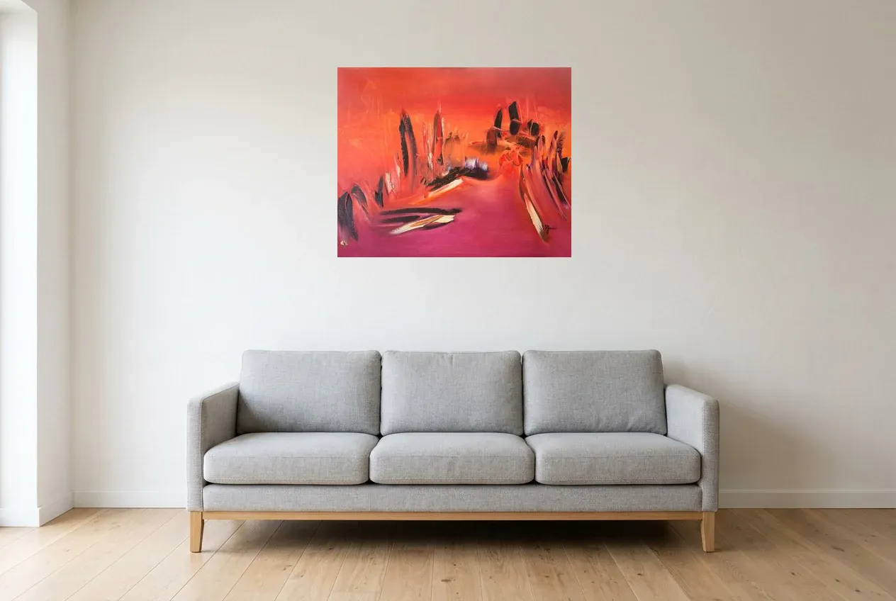 Red Abstract Painting 54 “Vision”, original oil painting by Régine Gardan, 80 × 65 cm, hung in a living room