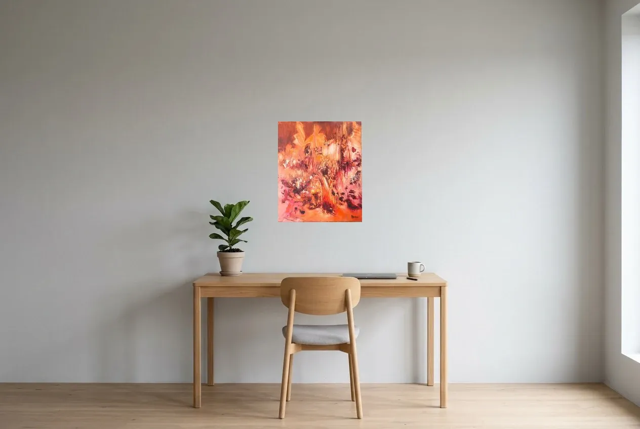 Red Abstract Painting 6 “Intensity”, original oil painting by Régine Gardan, 46 × 55 cm, hung in a home office