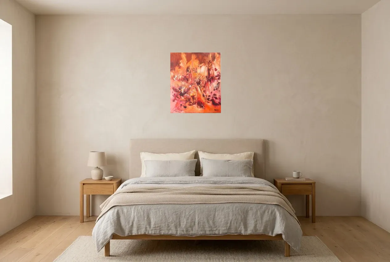 Red Abstract Painting 6 “Intensity”, original oil painting by Régine Gardan, 46 × 55 cm, hung in a bedroom