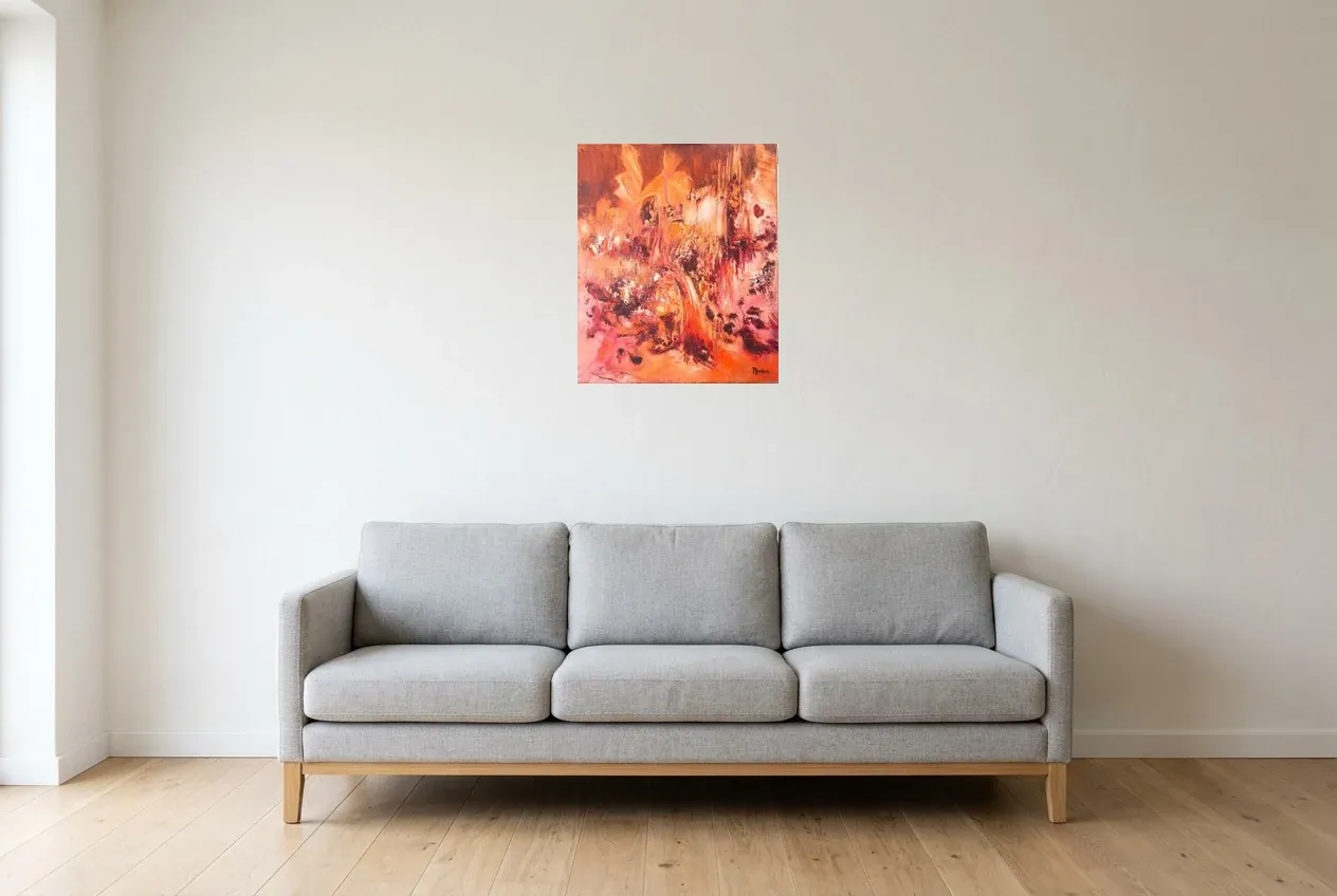 Red Abstract Painting 6 “Intensity”, original oil painting by Régine Gardan, 46 × 55 cm, hung in a living room