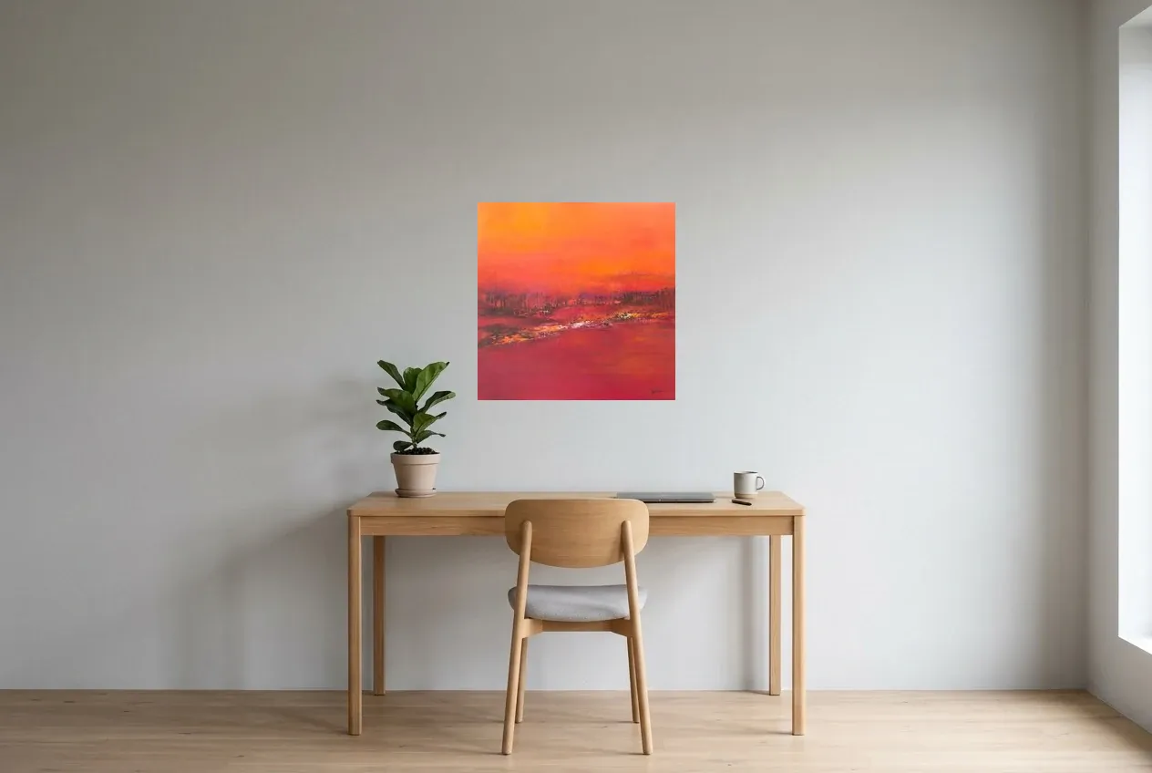 Cuadro Abstracto Rojo 61 “Campo”, pintura original al óleo de Régine Gardan, 60 × 60 cm, colgado en un despacho