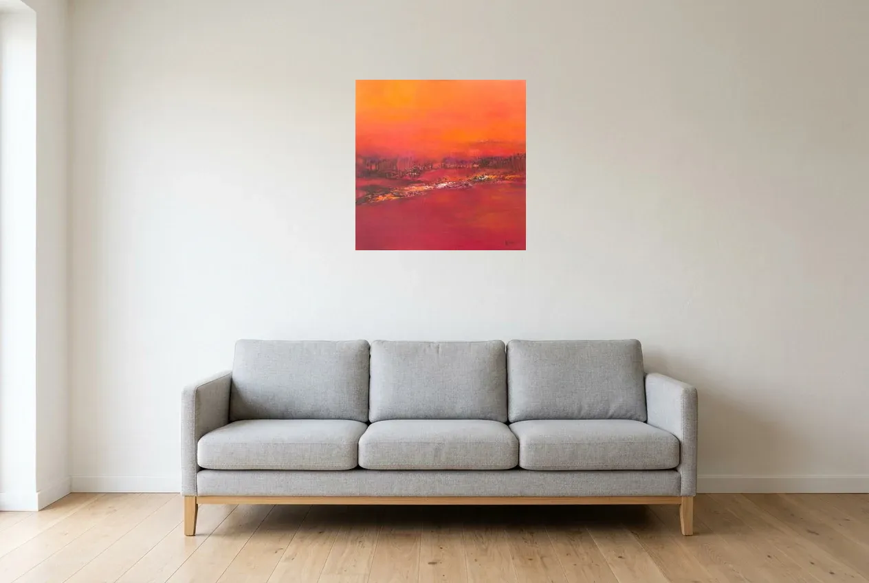 Cuadro Abstracto Rojo 61 “Campo”, pintura original al óleo de Régine Gardan, 60 × 60 cm, colgado en un salón