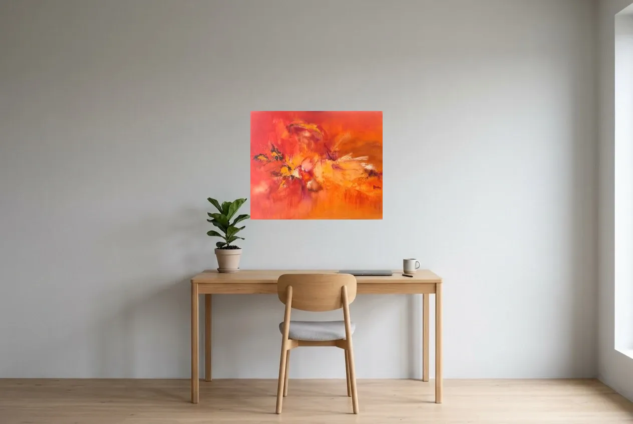 Red Abstract Painting 62 “Explosion”, original oil painting by Régine Gardan, 73 × 60 cm, hung in a home office
