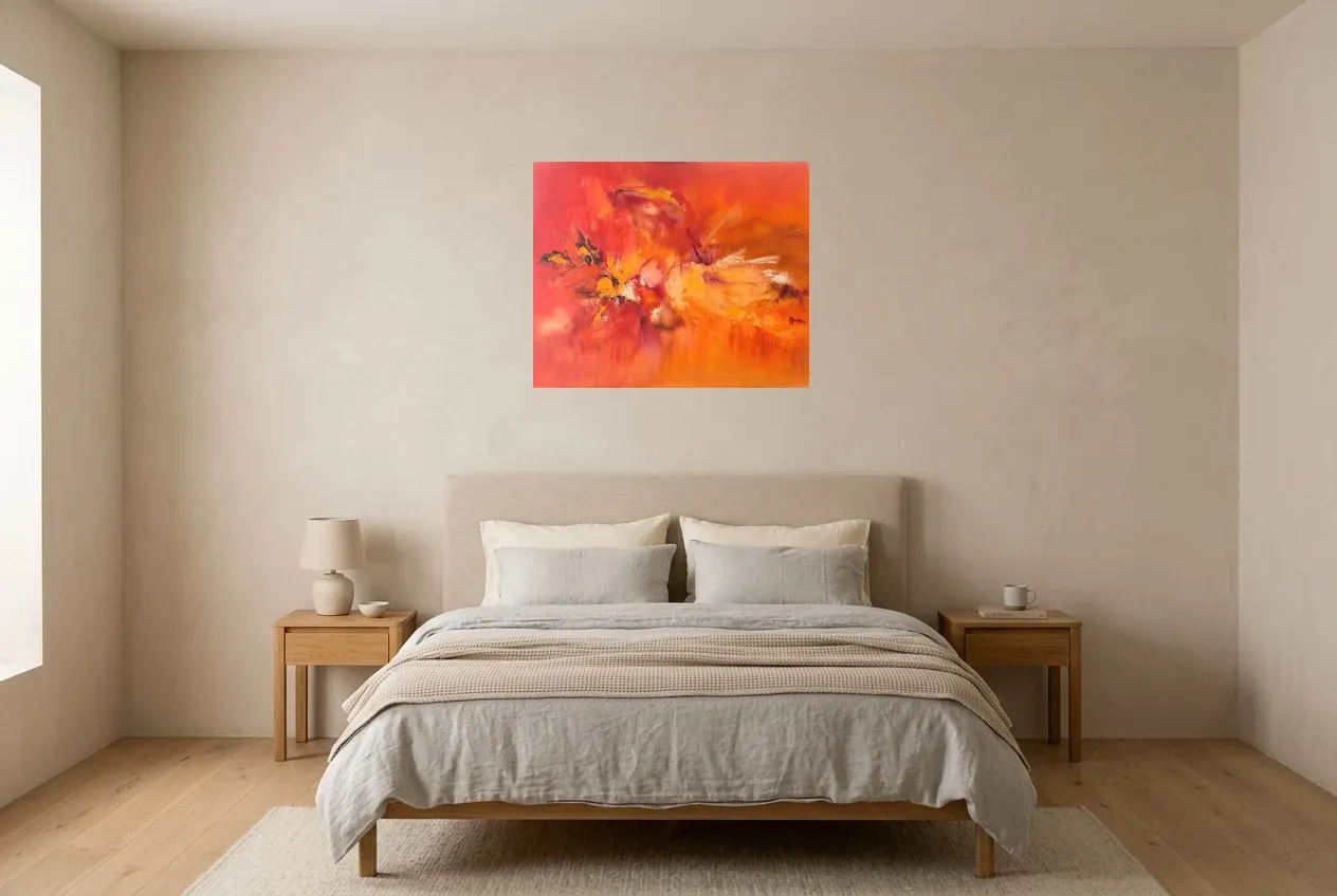 Red Abstract Painting 62 “Explosion”, original oil painting by Régine Gardan, 73 × 60 cm, hung in a bedroom
