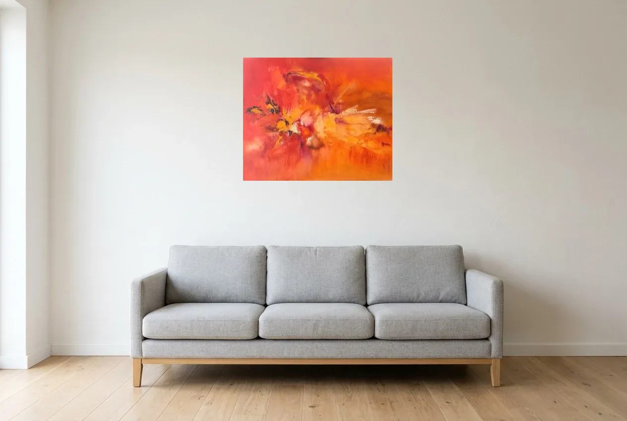Red Abstract Painting 62 “Explosion”, original oil painting by Régine Gardan, 73 × 60 cm, hung in a living room