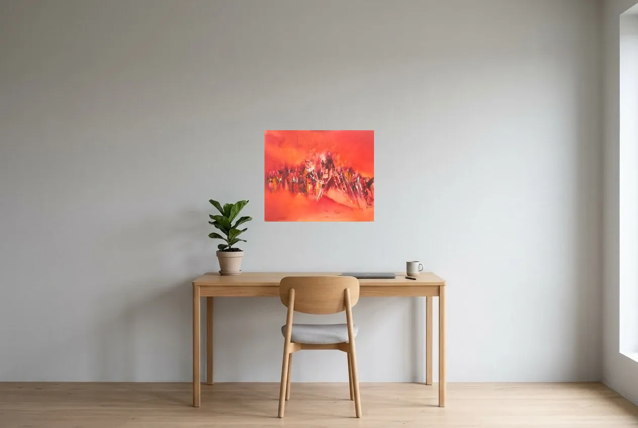 Red Abstract Painting 69 “Challenge”, original oil painting by Régine Gardan, 60 × 50 cm, hung in a home office