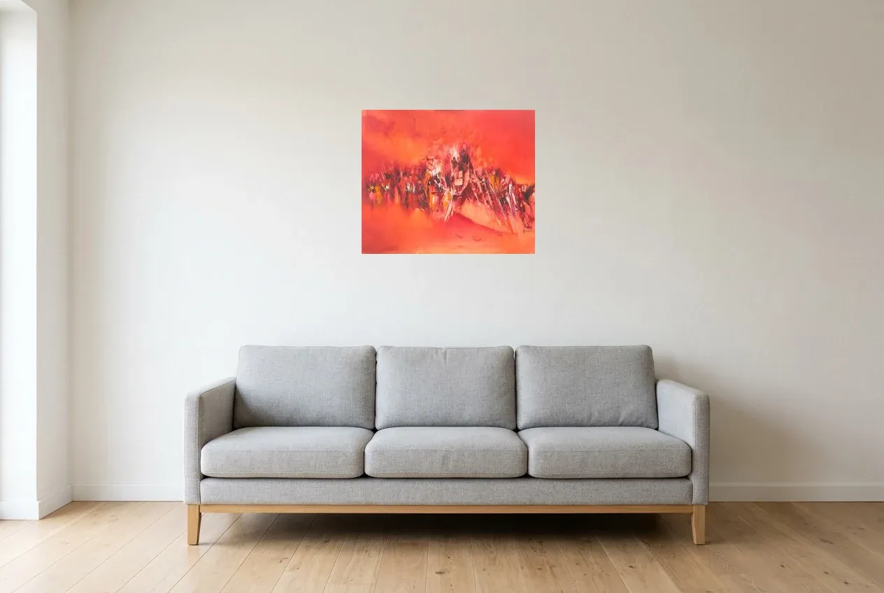 Red Abstract Painting 69 “Challenge”, original oil painting by Régine Gardan, 60 × 50 cm, hung in a living room