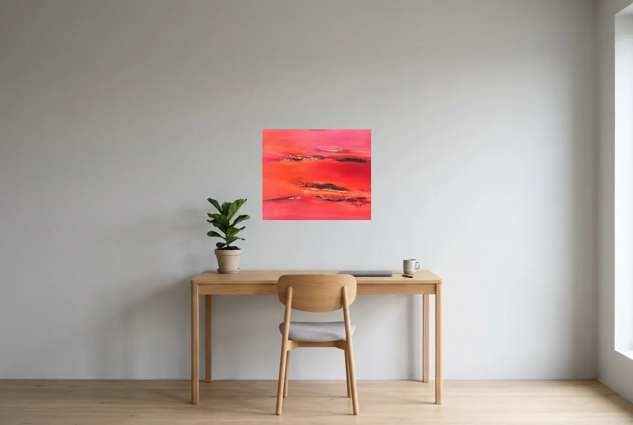 Cuadro Abstracto Rojo 70 “El Paso”, pintura original al óleo de Régine Gardan, 60 × 50 cm, colgado en un despacho