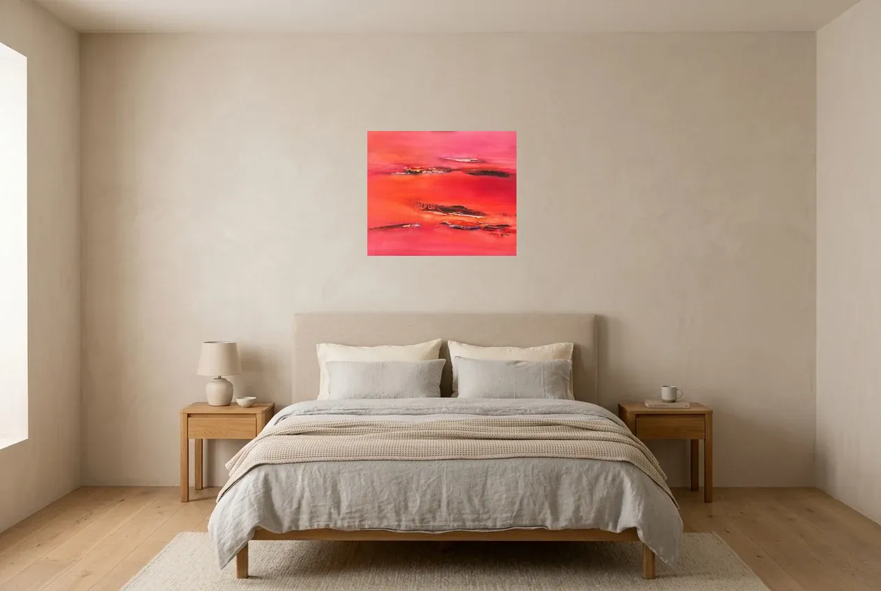 Cuadro Abstracto Rojo 70 “El Paso”, pintura original al óleo de Régine Gardan, 60 × 50 cm, colgado en un dormitorio